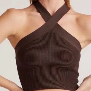 Aritzia Babaton Chocolate Ribbed Cross-Neck Crop Top